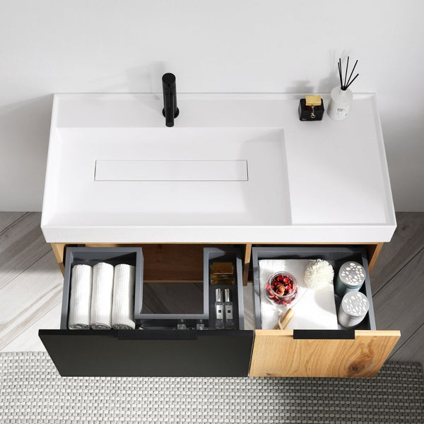 LUGANO 42” MATTE BLACK GLASS/MAPLE BATHROOM VANITY