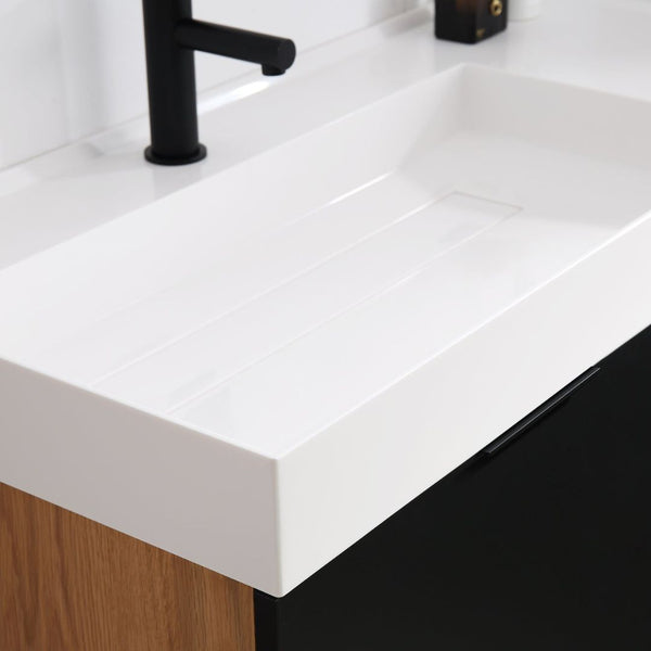 LUGANO 42” MATTE BLACK GLASS/MAPLE BATHROOM VANITY