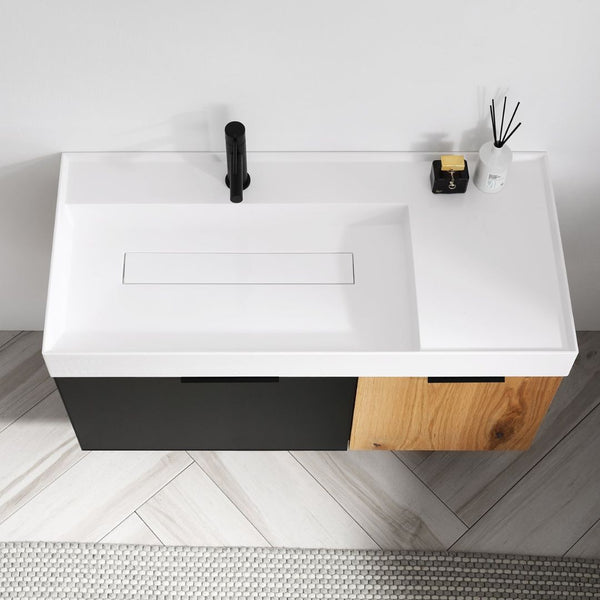 LUGANO 42” MATTE BLACK GLASS/MAPLE BATHROOM VANITY