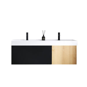 LUGANO 55” MATTE BLACK GLASS/MAPLE BATHROOM VANITY