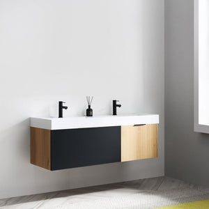 LUGANO 55” MATTE BLACK GLASS/MAPLE BATHROOM VANITY