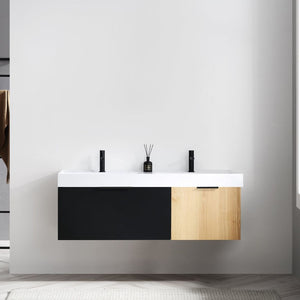 LUGANO 55” MATTE BLACK GLASS/MAPLE BATHROOM VANITY