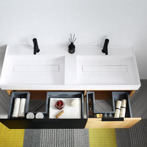 LUGANO 55” MATTE BLACK GLASS/MAPLE BATHROOM VANITY