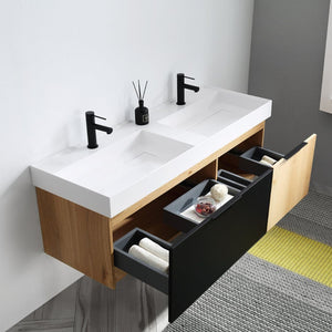 LUGANO 55” MATTE BLACK GLASS/MAPLE BATHROOM VANITY