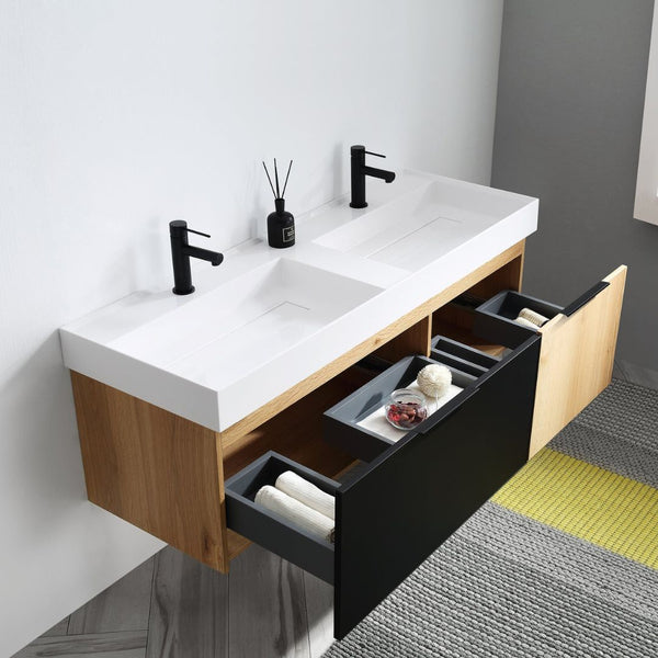 LUGANO 55” MATTE BLACK GLASS/MAPLE BATHROOM VANITY