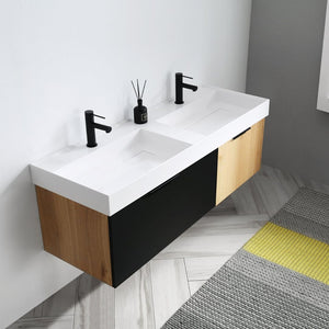 LUGANO 55” MATTE BLACK GLASS/MAPLE BATHROOM VANITY