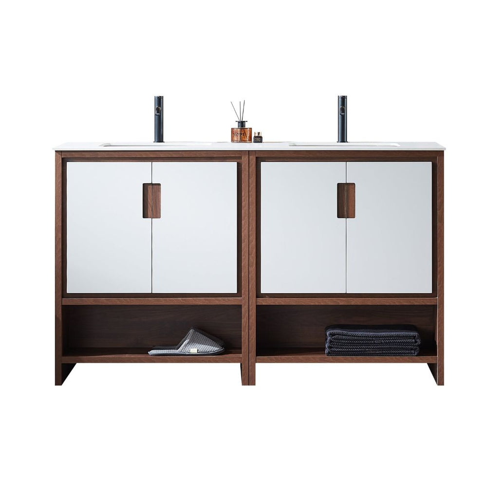 LYON 60” BEIGE/WALNUT WITH WHITE COUNTERTOP BATHROOM VANITY