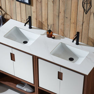 LYON 60” BEIGE/WALNUT WITH WHITE COUNTERTOP BATHROOM VANITY