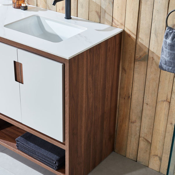 LYON 60” BEIGE/WALNUT WITH WHITE COUNTERTOP BATHROOM VANITY
