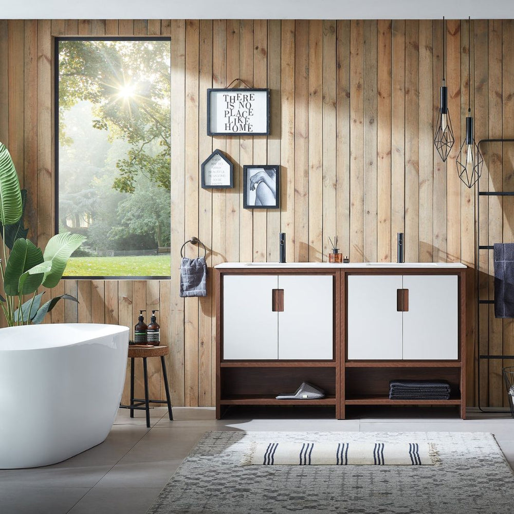 LYON 60” BEIGE/WALNUT WITH WHITE COUNTERTOP BATHROOM VANITY