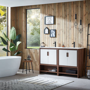 LYON 60” BEIGE/WALNUT WITH WHITE COUNTERTOP BATHROOM VANITY