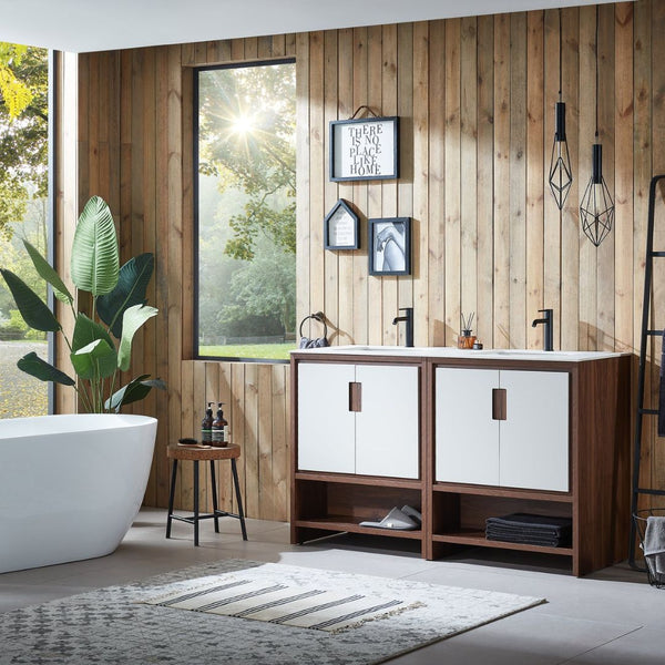 LYON 60” BEIGE/WALNUT WITH WHITE COUNTERTOP BATHROOM VANITY