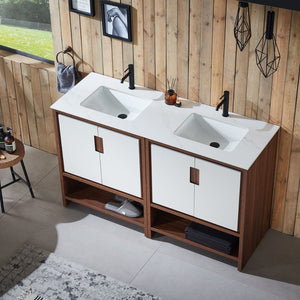 LYON 60” BEIGE/WALNUT WITH WHITE COUNTERTOP BATHROOM VANITY