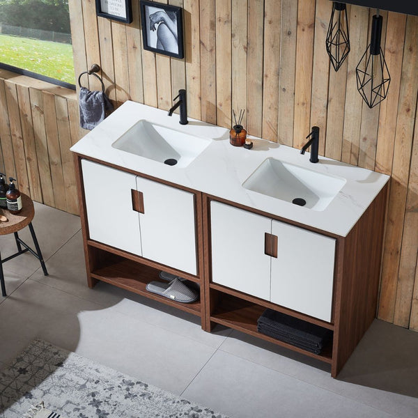 LYON 60” BEIGE/WALNUT WITH WHITE COUNTERTOP BATHROOM VANITY