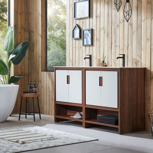 LYON 60” BEIGE/WALNUT WITH WHITE COUNTERTOP BATHROOM VANITY