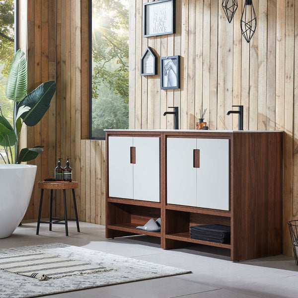 LYON 60” BEIGE/WALNUT WITH WHITE COUNTERTOP BATHROOM VANITY