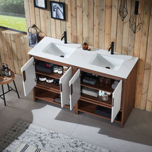 LYON 60” BEIGE/WALNUT WITH WHITE COUNTERTOP BATHROOM VANITY
