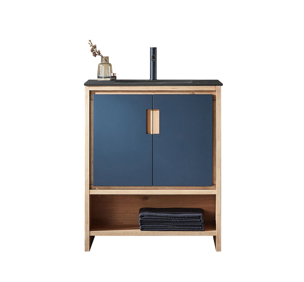LYON 30” BLACK OF NIGHT/MAPLE WITH BLACK COUNTERTOP BATHROOM VANITY