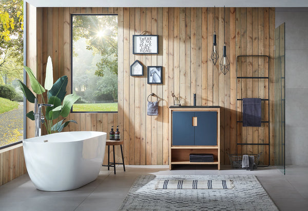 LYON 30” BLACK OF NIGHT/MAPLE WITH BLACK COUNTERTOP BATHROOM VANITY