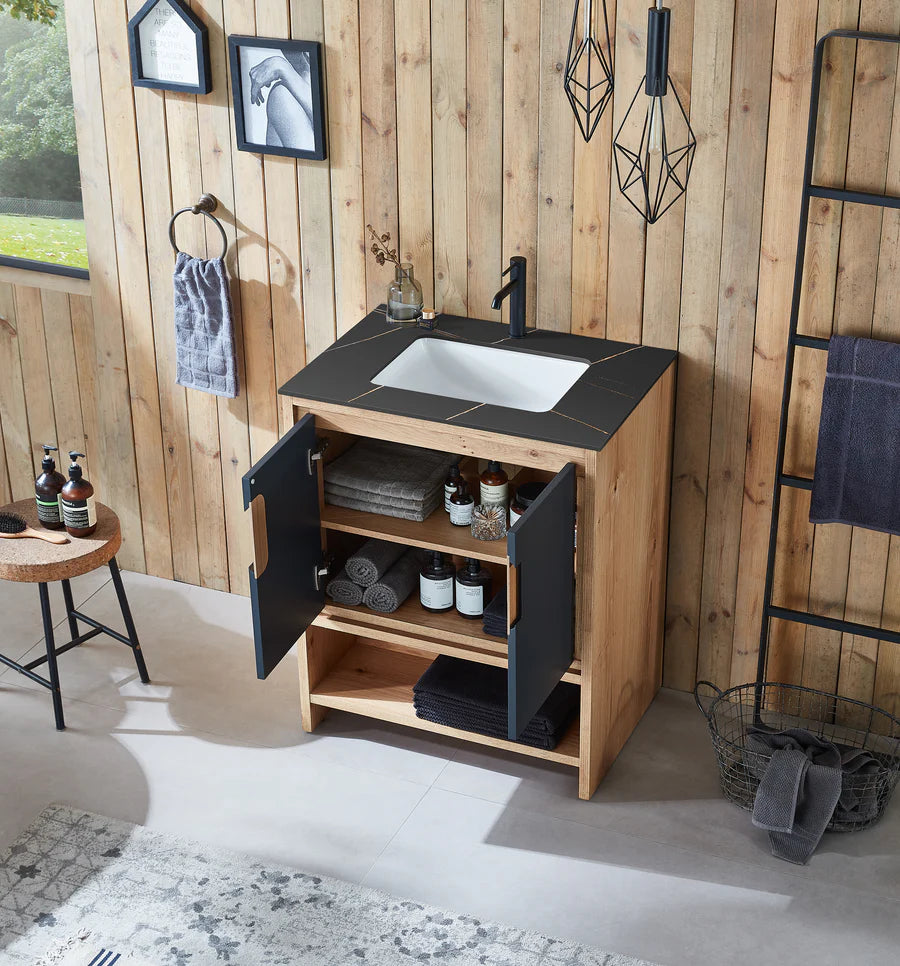 LYON 30” BLACK OF NIGHT/MAPLE WITH BLACK COUNTERTOP BATHROOM VANITY