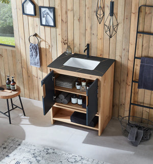 LYON 30” BLACK OF NIGHT/MAPLE WITH BLACK COUNTERTOP BATHROOM VANITY