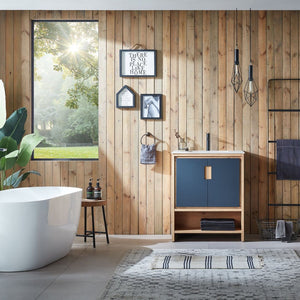 LYON 30” BLACK OF NIGHT/MAPLE WITH WHITE COUNTERTOP BATHROOM VANITY