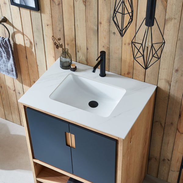LYON 30” BLACK OF NIGHT/MAPLE WITH WHITE COUNTERTOP BATHROOM VANITY
