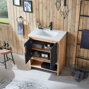 LYON 30” BLACK OF NIGHT/MAPLE WITH WHITE COUNTERTOP BATHROOM VANITY