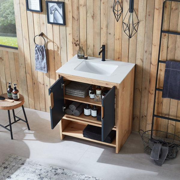LYON 30” BLACK OF NIGHT/MAPLE WITH WHITE COUNTERTOP BATHROOM VANITY