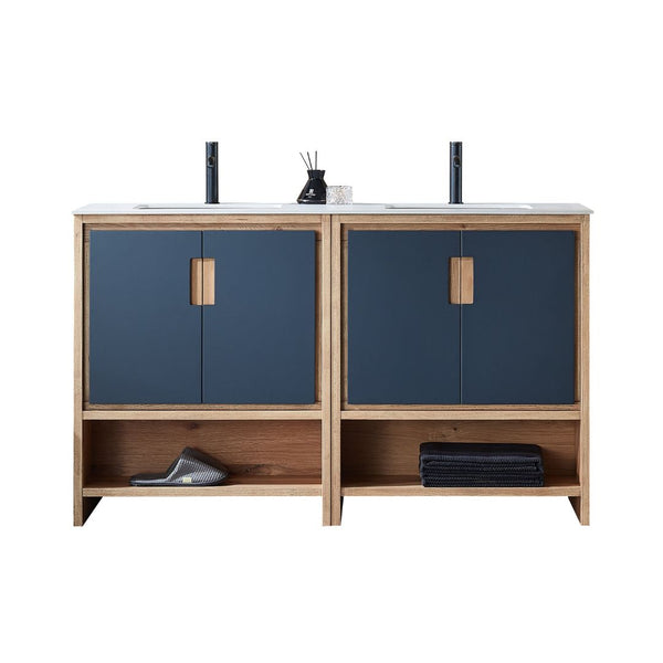 LYON 60” BLACK OF NIGHT/MAPLE WITH WHITE COUNTERTOP BATHROOM VANITY