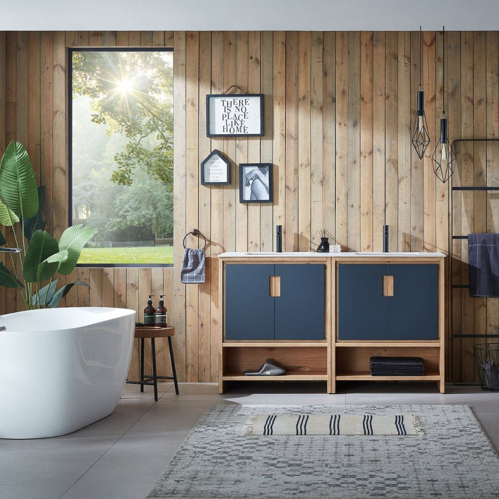 LYON 60” BLACK OF NIGHT/MAPLE WITH WHITE COUNTERTOP BATHROOM VANITY