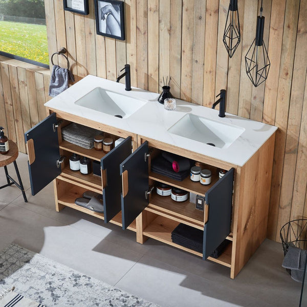 LYON 60” BLACK OF NIGHT/MAPLE WITH WHITE COUNTERTOP BATHROOM VANITY