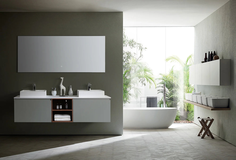 MANAROLA 72" LIGHT GRAY AND WALNUT BATHROOM VANITY