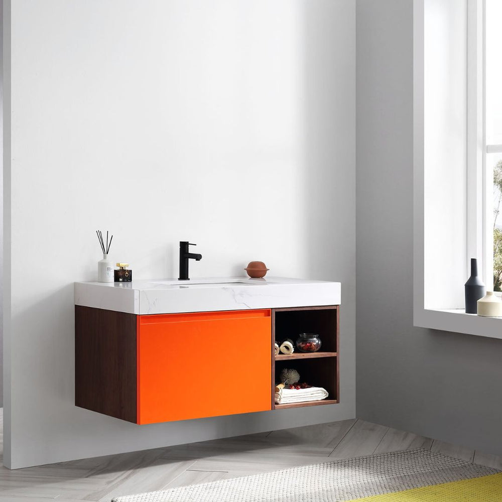 MANAROLA 42” RED AMBER + DARK WALNUT BATHROOM VANITY
