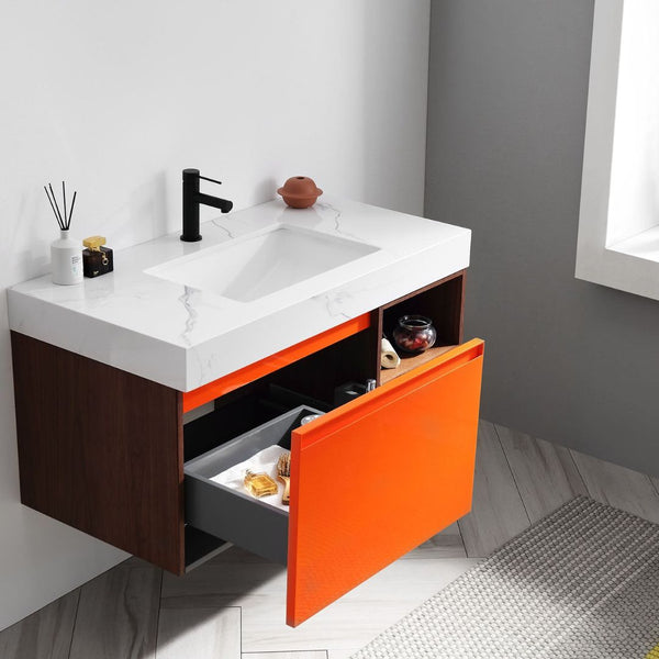 MANAROLA 42” RED AMBER + DARK WALNUT BATHROOM VANITY