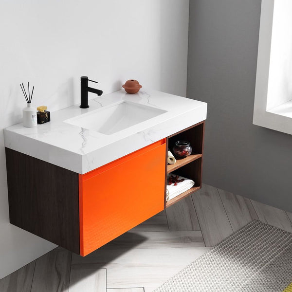 MANAROLA 42” RED AMBER + DARK WALNUT BATHROOM VANITY