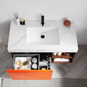 MANAROLA 42” RED AMBER + DARK WALNUT BATHROOM VANITY
