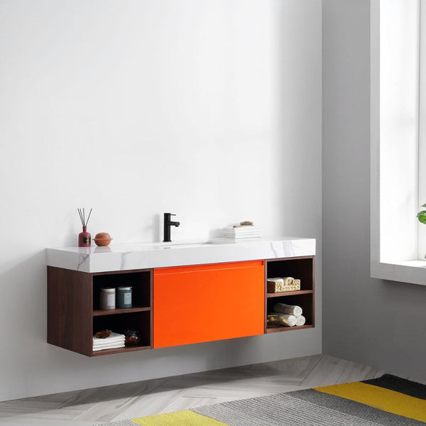 MANAROLA 60” RED AMBER + DARK WALNUT BATHROOM VANITY