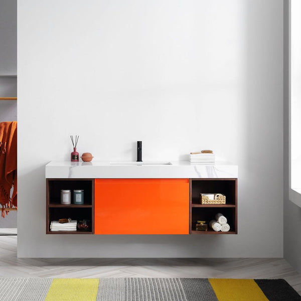 MANAROLA 60” RED AMBER + DARK WALNUT BATHROOM VANITY