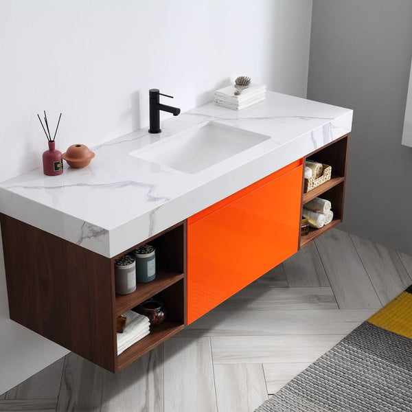MANAROLA 60” RED AMBER + DARK WALNUT BATHROOM VANITY