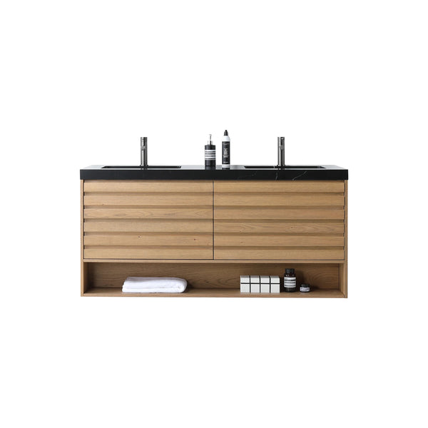 MATERA 60" PECAN OAK WITH BLACK COUNTERTOP BATHROOM VANITY