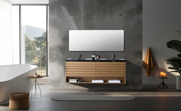 MATERA 72" PECAN OAK WITH BLACK COUNTERTOP BATHROOM VANITY