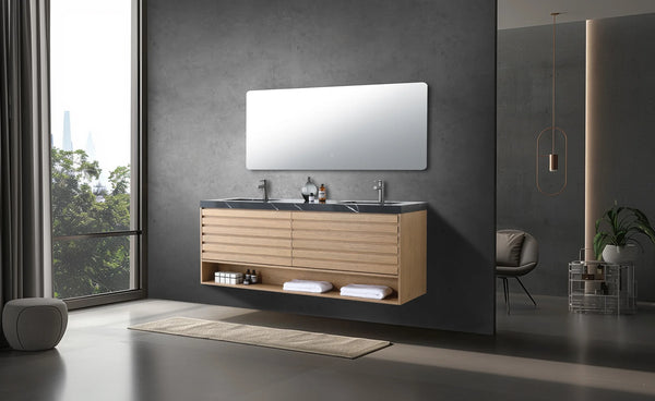 MATERA 72" PECAN OAK WITH BLACK COUNTERTOP BATHROOM VANITY
