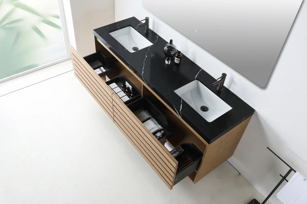 MATERA 72" PECAN OAK WITH BLACK COUNTERTOP BATHROOM VANITY