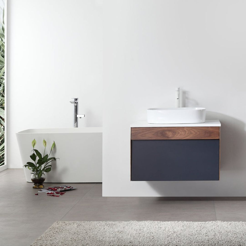 RONDA 30” DARK BLUE AND WALNUT BATHROOM VANITY