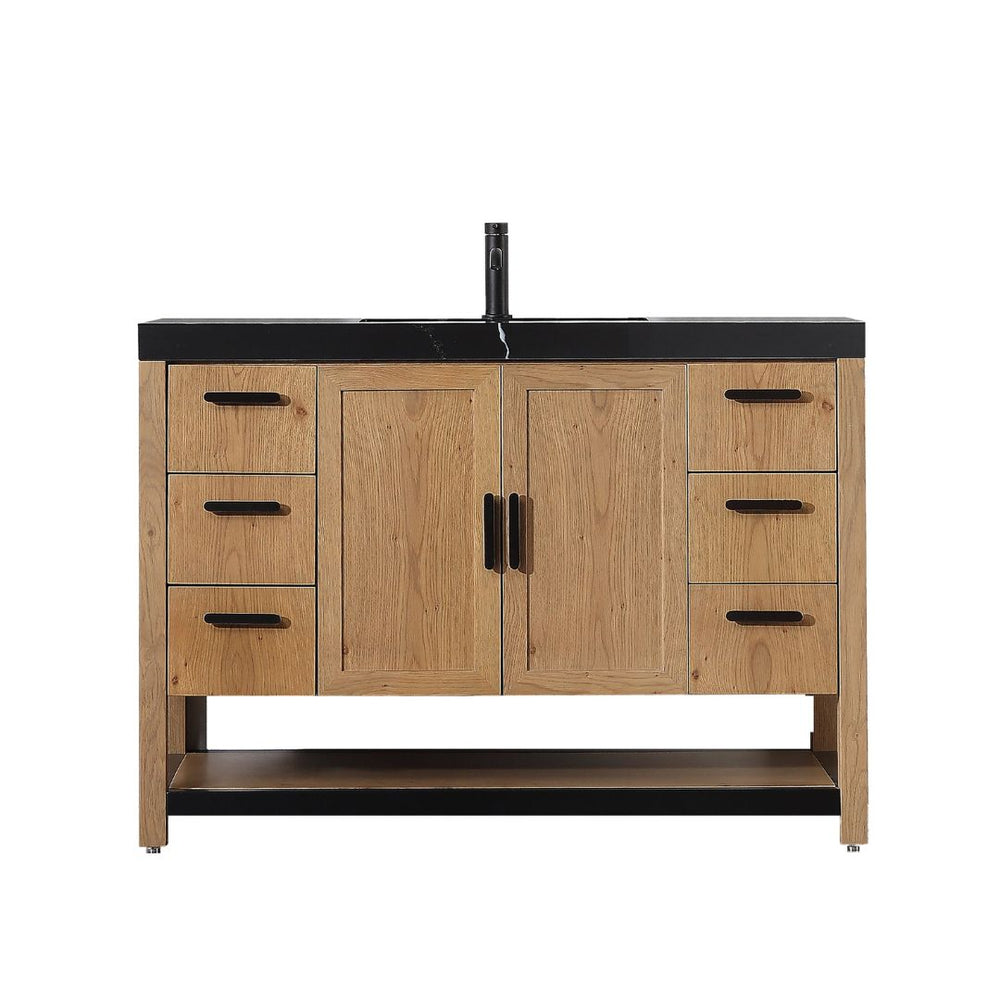 WINCHESTER 60” PECAN OAK WITH BLACK COUNTERTOP BATHROOM VANITY