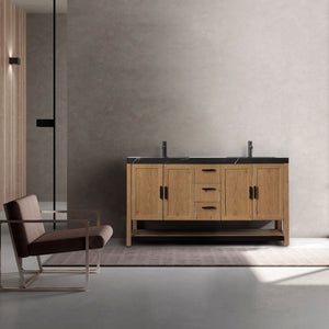 WINCHESTER 60” PECAN OAK WITH BLACK COUNTERTOP BATHROOM VANITY