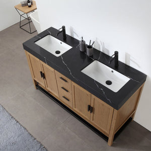 WINCHESTER 60” PECAN OAK WITH BLACK COUNTERTOP BATHROOM VANITY
