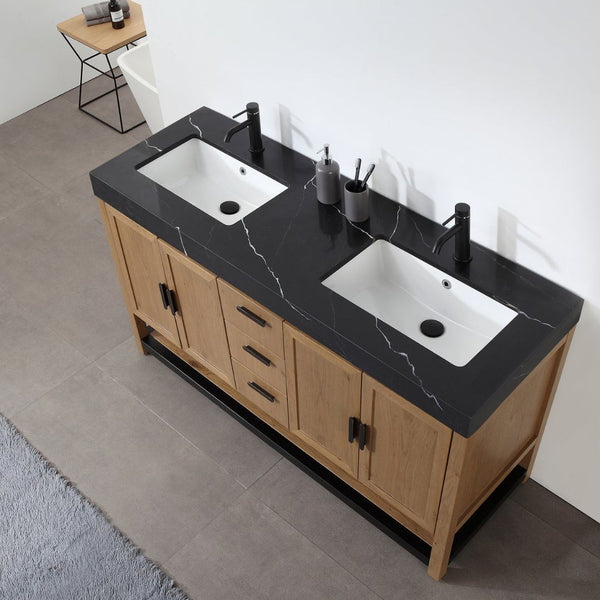 WINCHESTER 60” PECAN OAK WITH BLACK COUNTERTOP BATHROOM VANITY