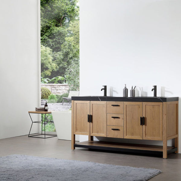 WINCHESTER 60” PECAN OAK WITH BLACK COUNTERTOP BATHROOM VANITY